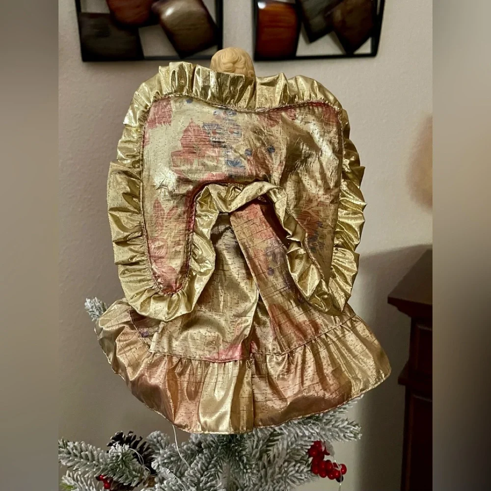 Vintage Gold Angel Tree Topper with Pink Roses
